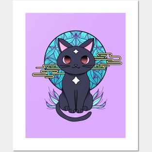 Cute anime black cat illustration with white stars. Cyberpunk manga cat. Posters and Art